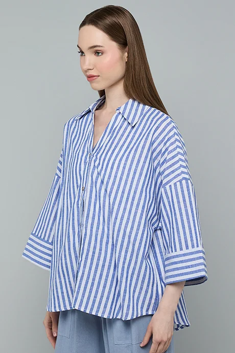 Striped Shirt with Spread Collar and 3/4 Sleeves