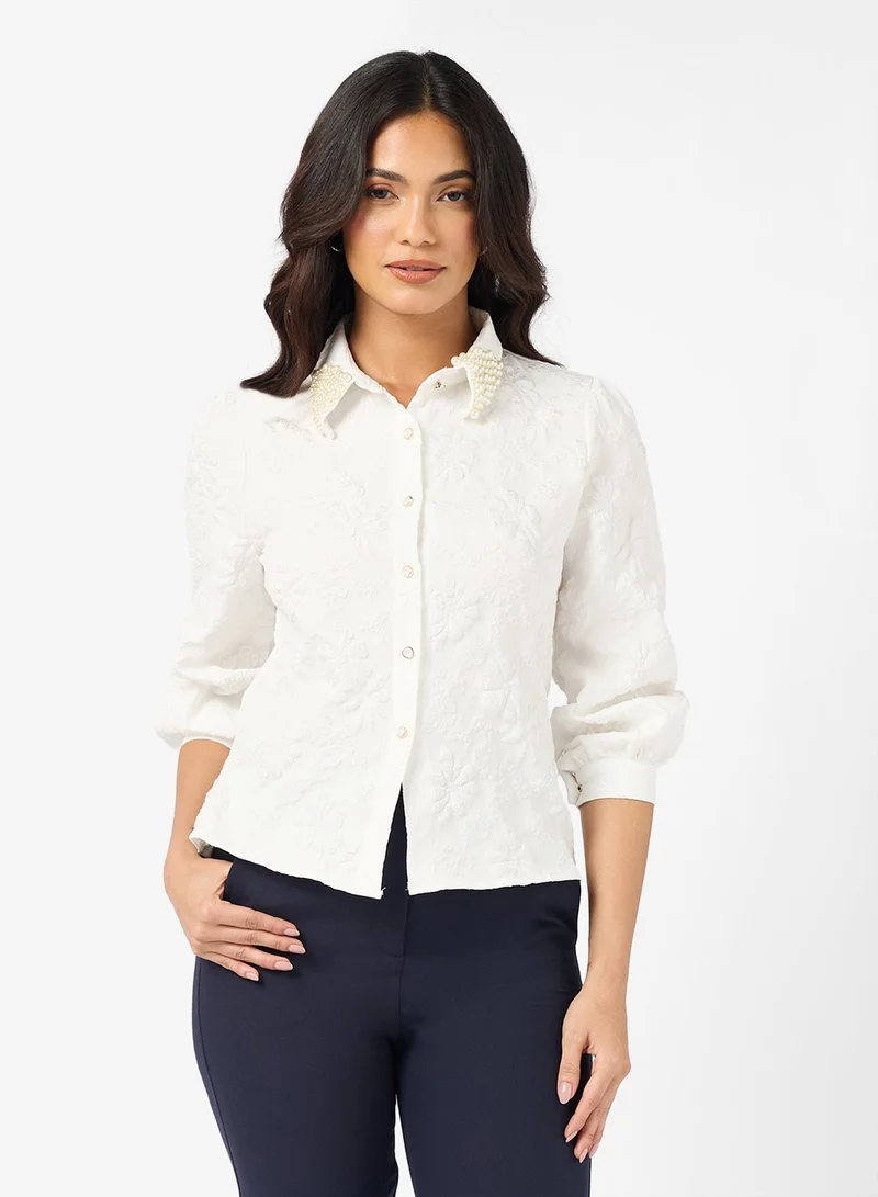 Button Down Shirt Embellished Collar White