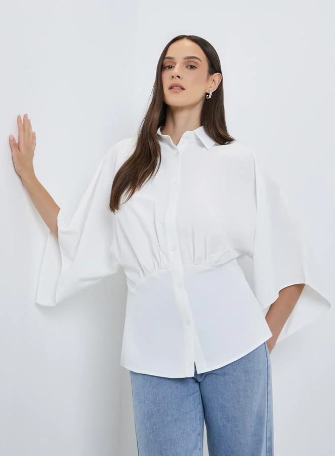 Solid Kimono Sleeve Buttoned Shirt White