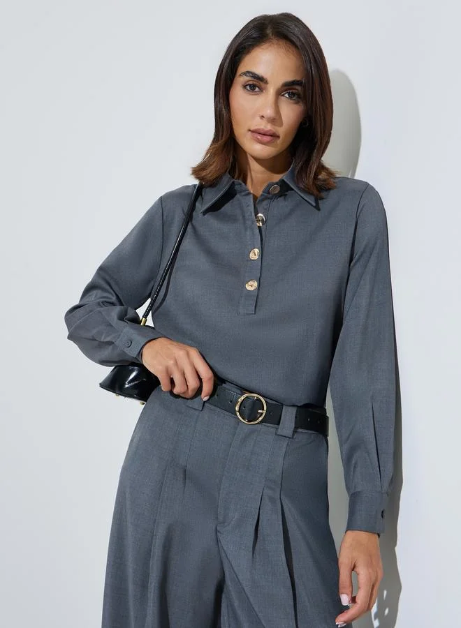 Solid Kimono Sleeve Buttoned Shirt White