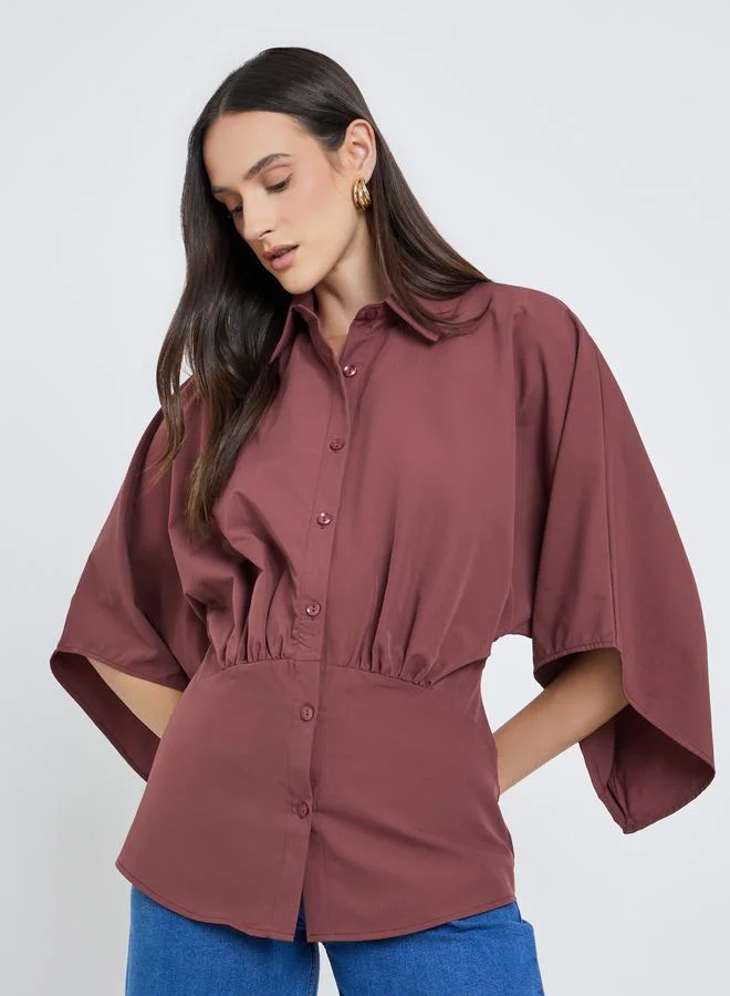 Solid Kimono Sleeve Buttoned Shirt White