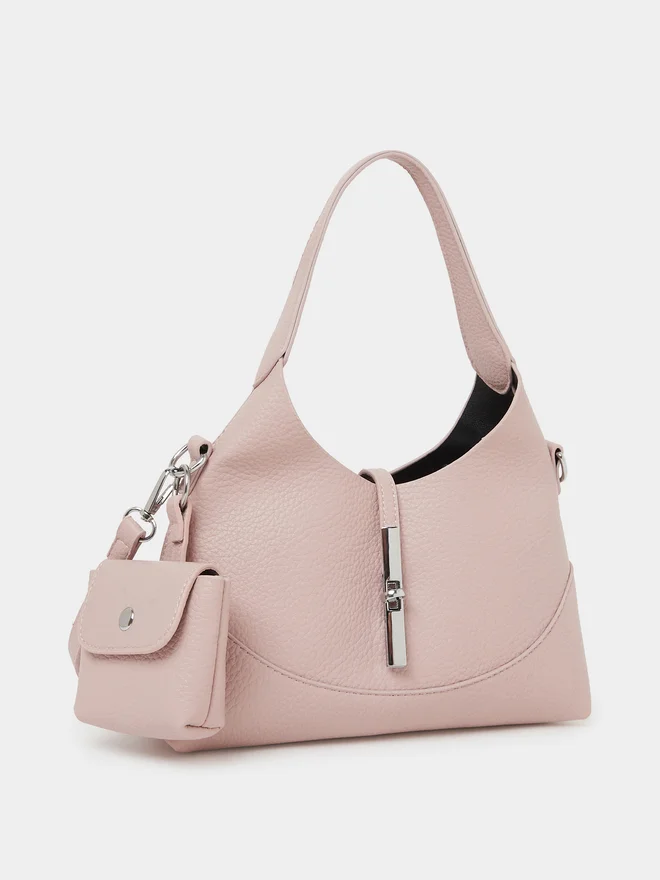 Textured Shoulder Bag with Mini Purse pink