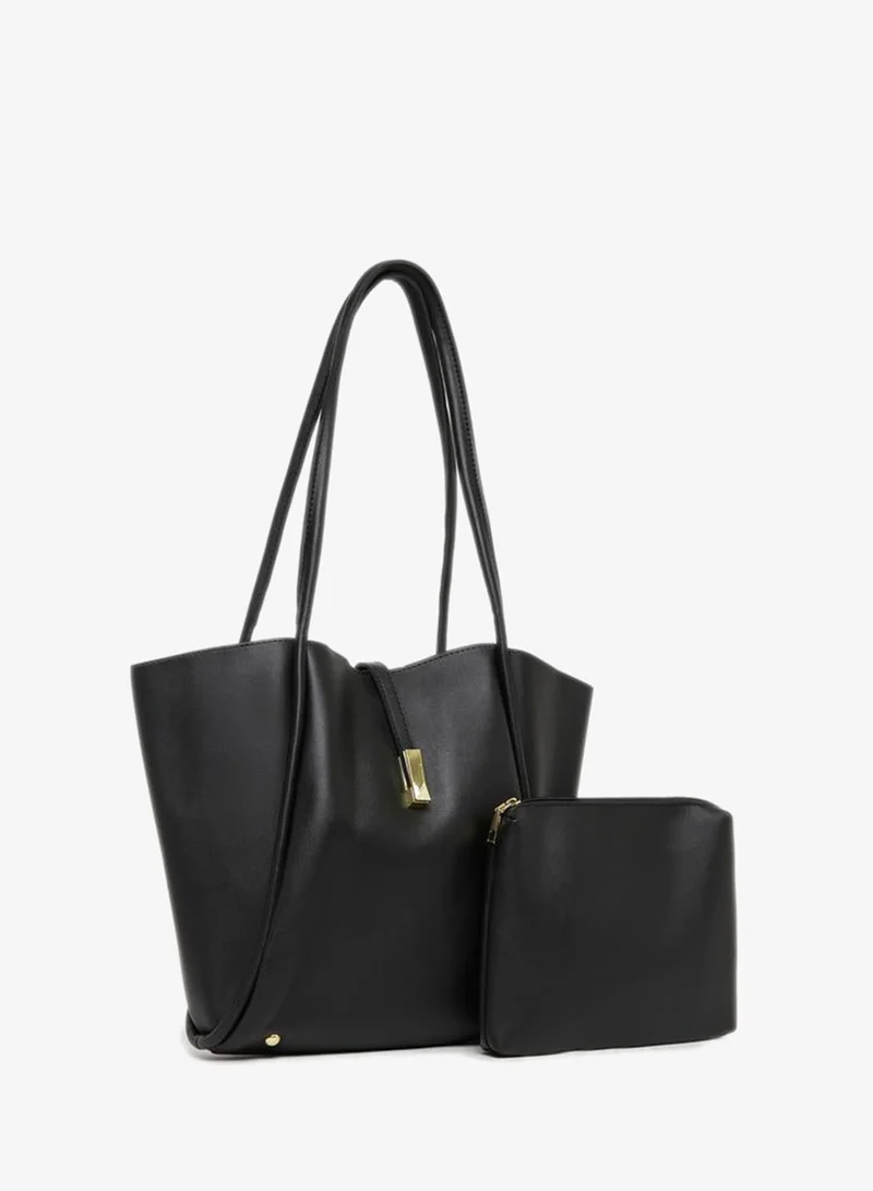 Golden Accent Shoulder Bag, Dual Handle, Pouch Black