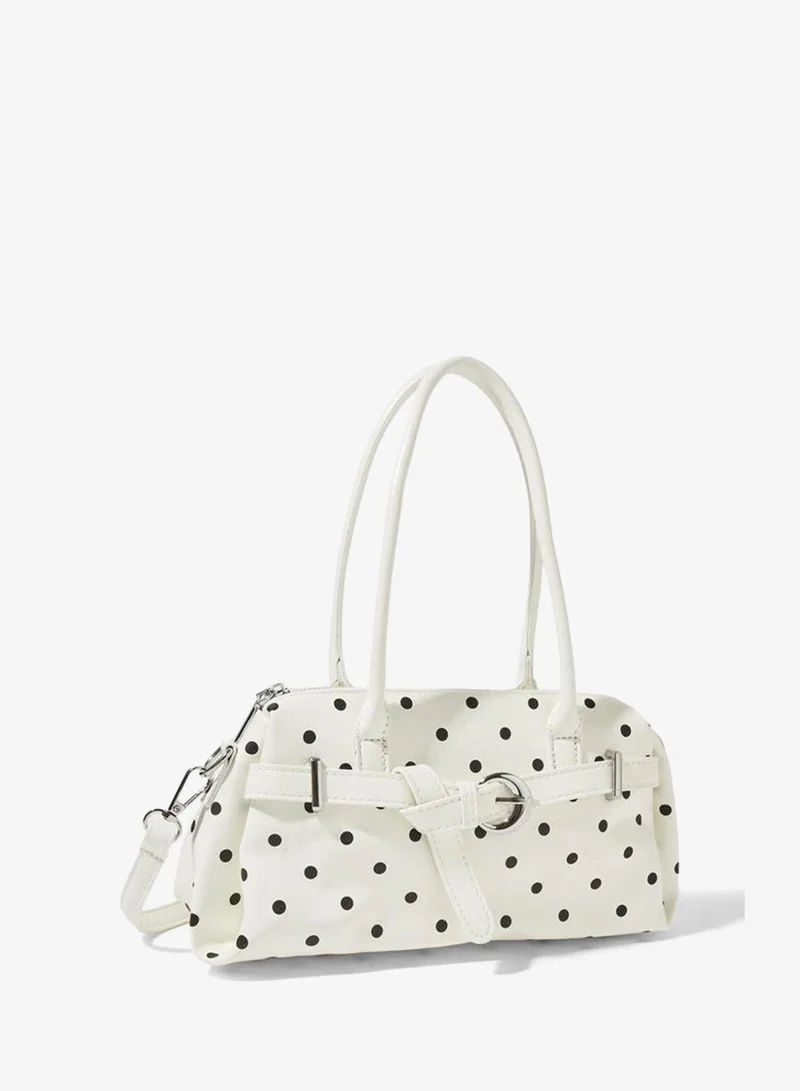 Polka Dot Shoulder Bag with Buckle Detail White