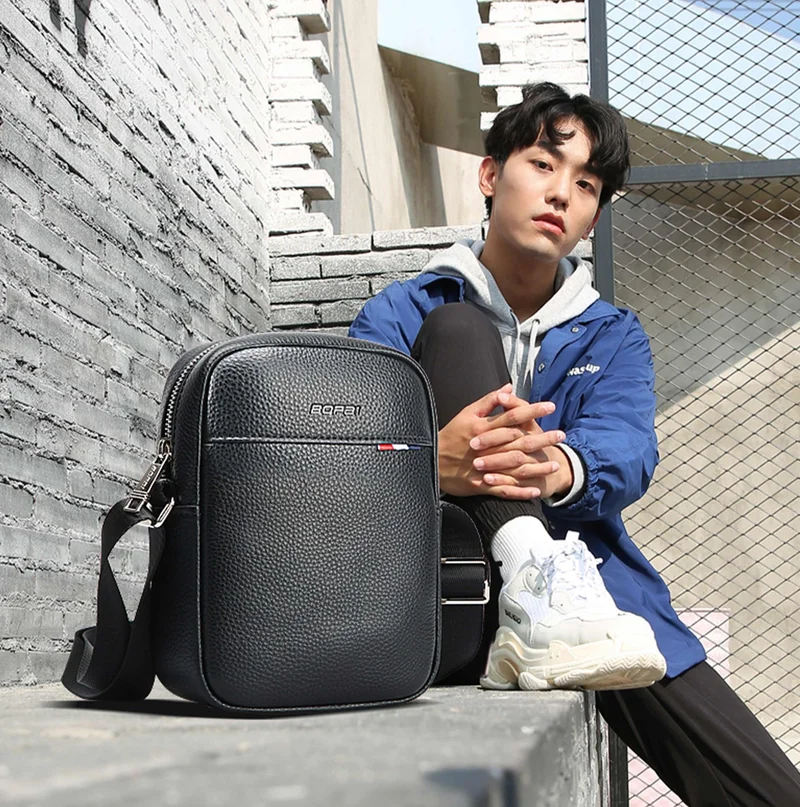 Unisex Premium Side Sling Bag Water Resistant Synthetic Leather Crossbody Bag for Travel Office Business, BO-SL591, Black