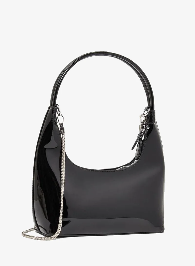 Faux Leather Shoulder Bag with Zip & Chain Strap Patent Black
