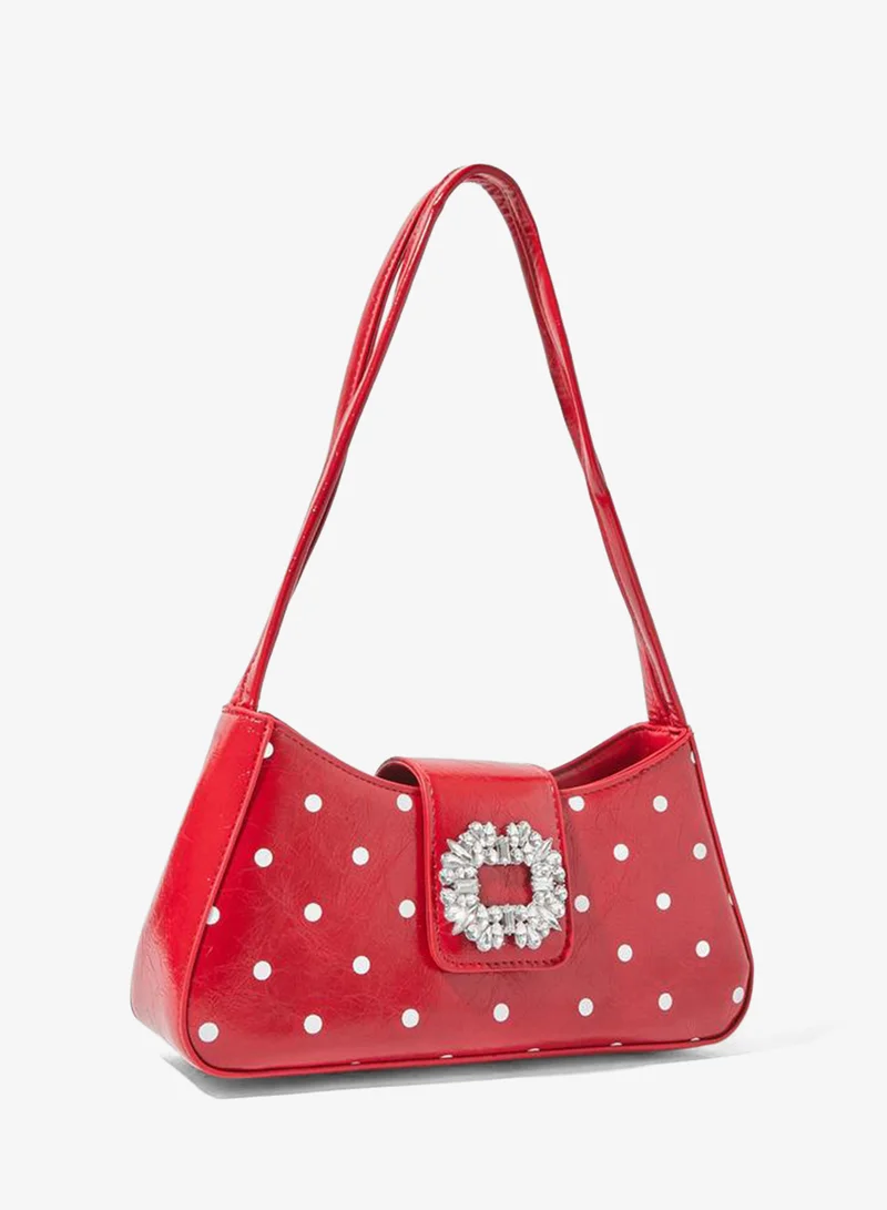 Polka Dot Shoulder Bag with Embellished Buckle Red