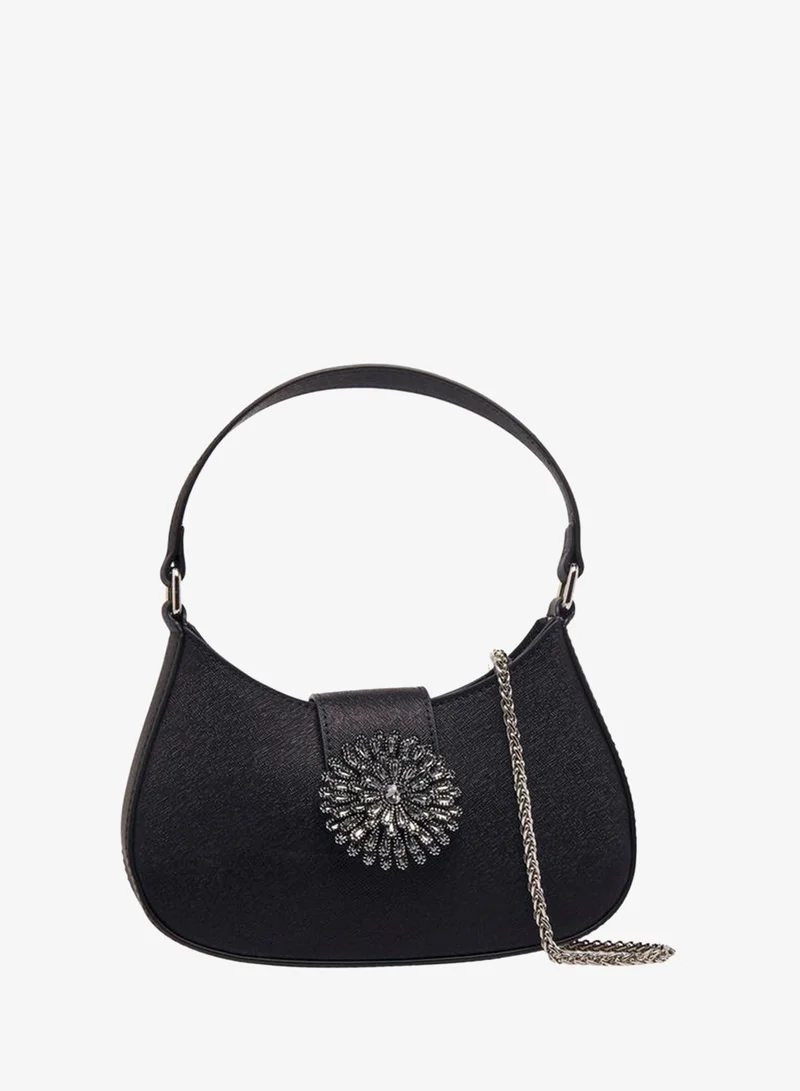 Embellished Floral Flap Shoulder Bag, BLACK