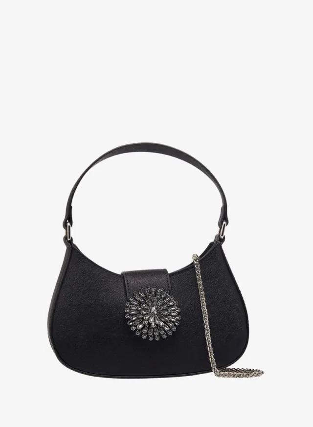 Embellished Floral Flap Shoulder Bag, BLACK