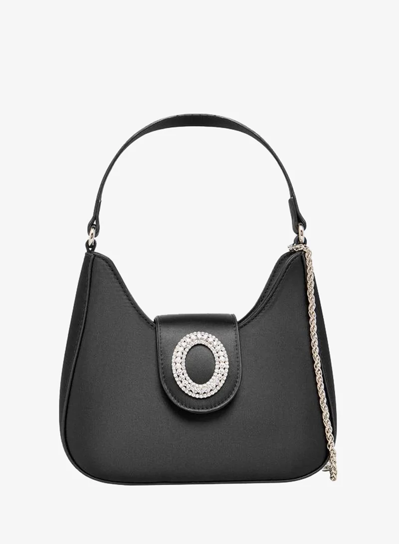 Textured Shoulder Bag With Embellished Button Closure