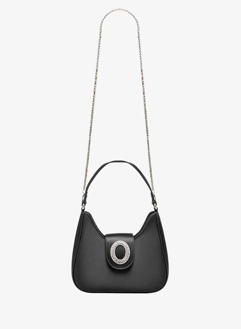 Textured Shoulder Bag With Embellished Button Closure