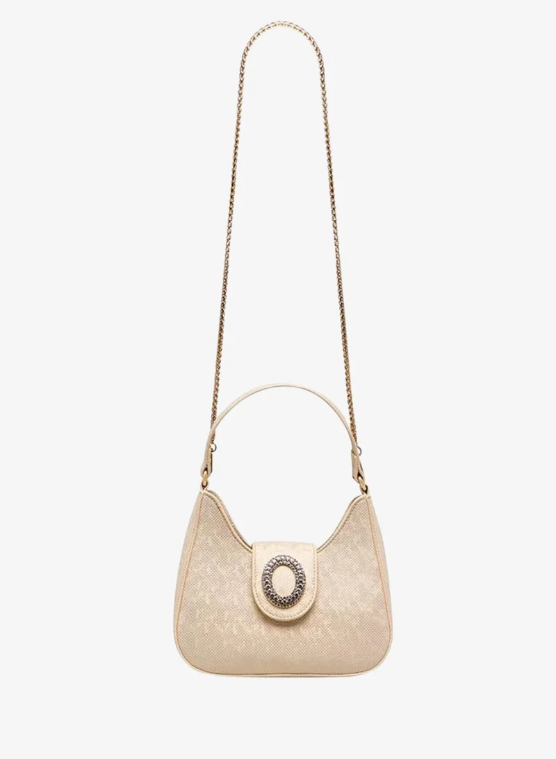 Textured Shoulder Bag With Embellished Button Closure
