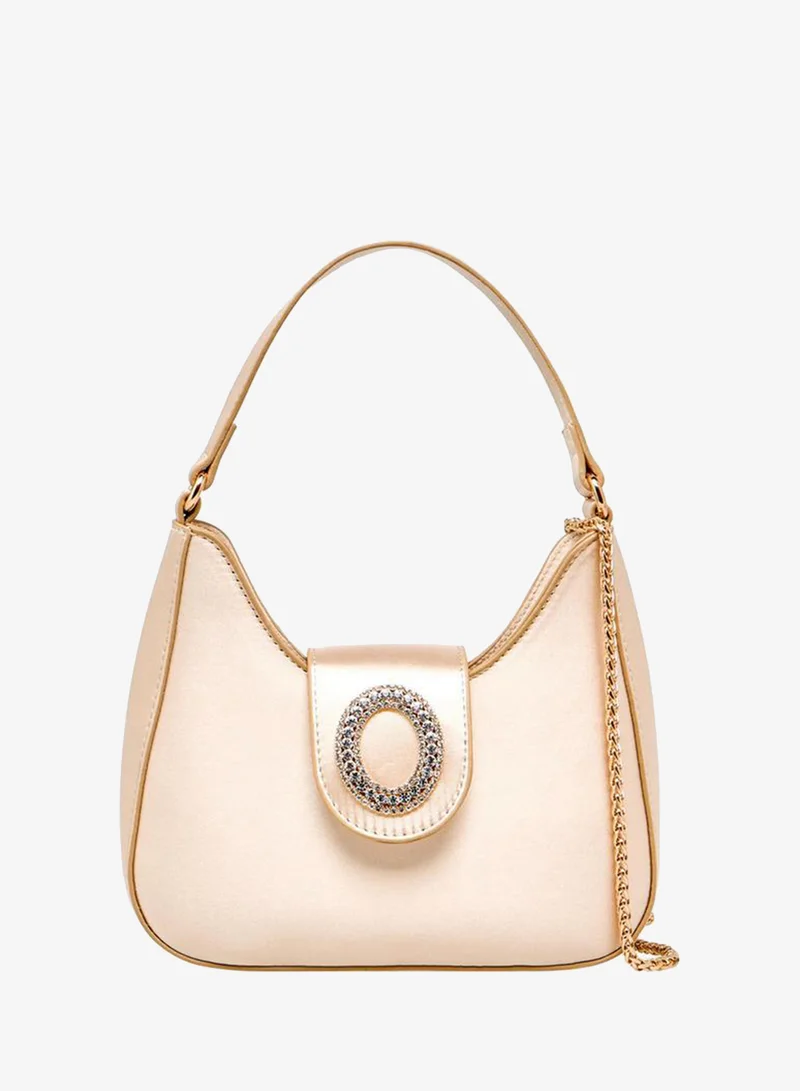 Textured Shoulder Bag With Embellished Button Closure