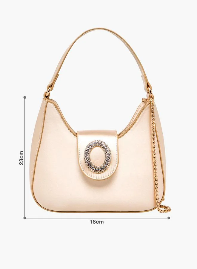Textured Shoulder Bag With Embellished Button Closure