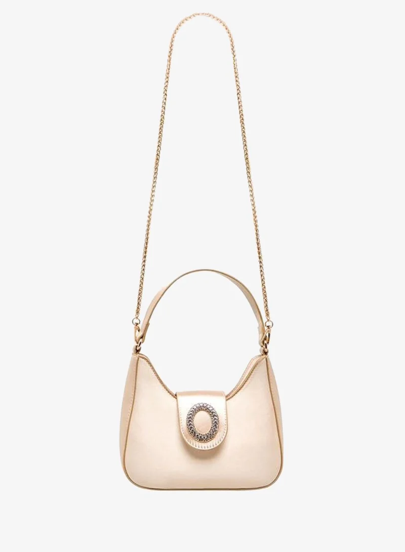 Textured Shoulder Bag With Embellished Button Closure