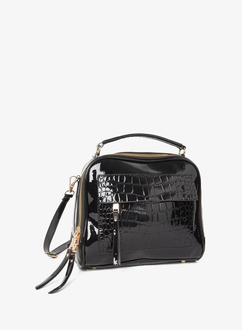 Croc Skin Zip Top Handle Shoulder Bag Black