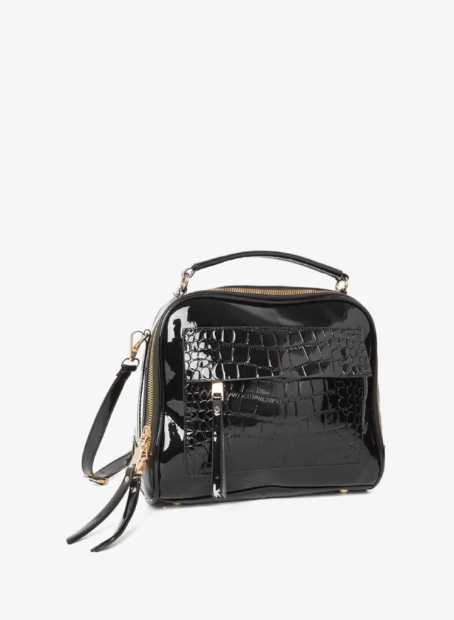 Croc Skin Zip Top Handle Shoulder Bag Black