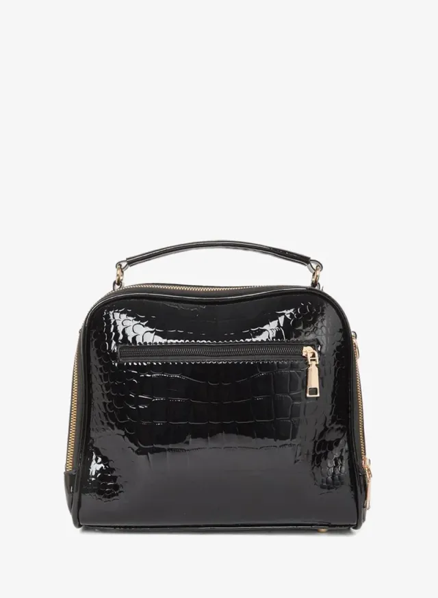Croc Skin Zip Top Handle Shoulder Bag Black – image 2
