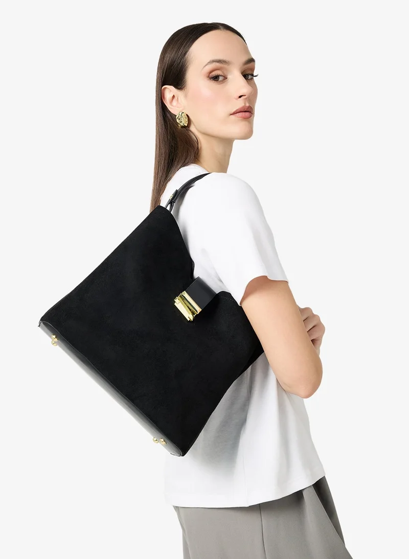Gold Accent Structured Bucket Bag with Top Handle & Strap Black