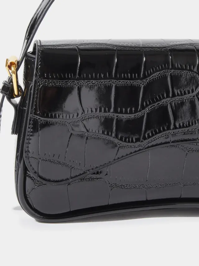 Textured Flap Shoulder Bag black – image 4