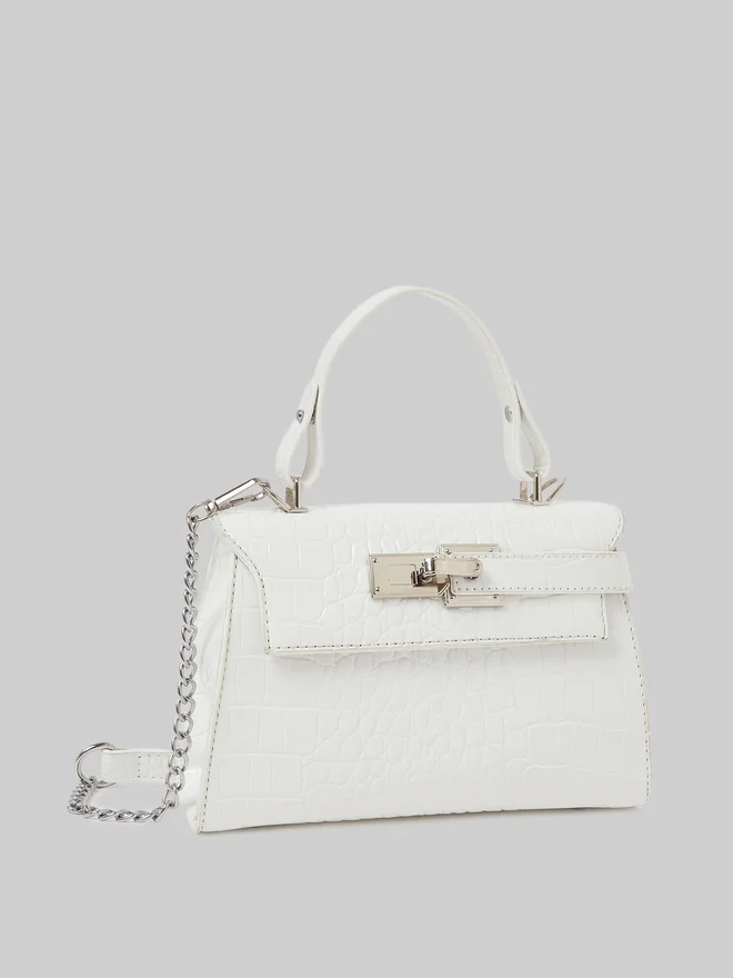 Styli Textured Flap Turn-Lock Handbag, white