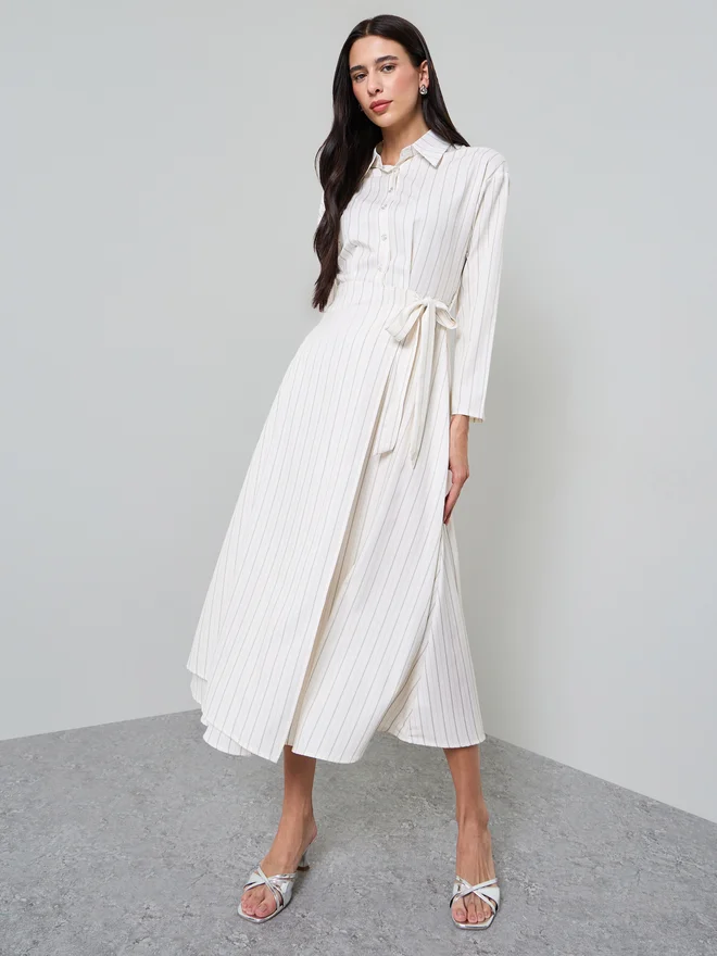 Styli Striped Wrap Shirt Midi Dress white