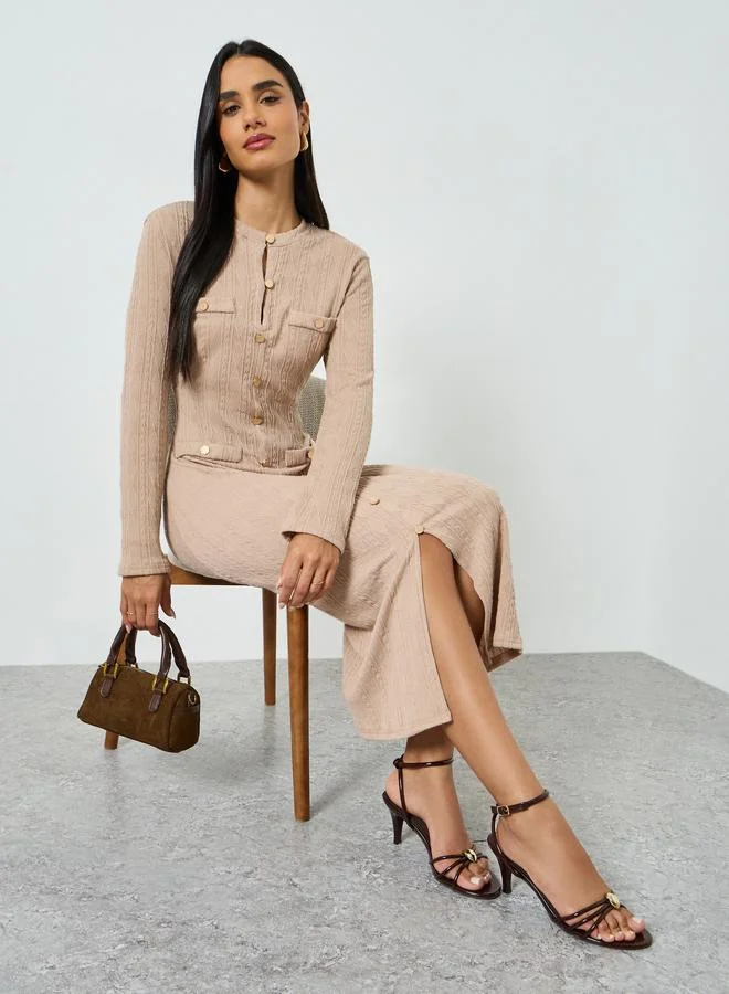 Women's Textured Long Sleeve Button Front Midi Dress Tan