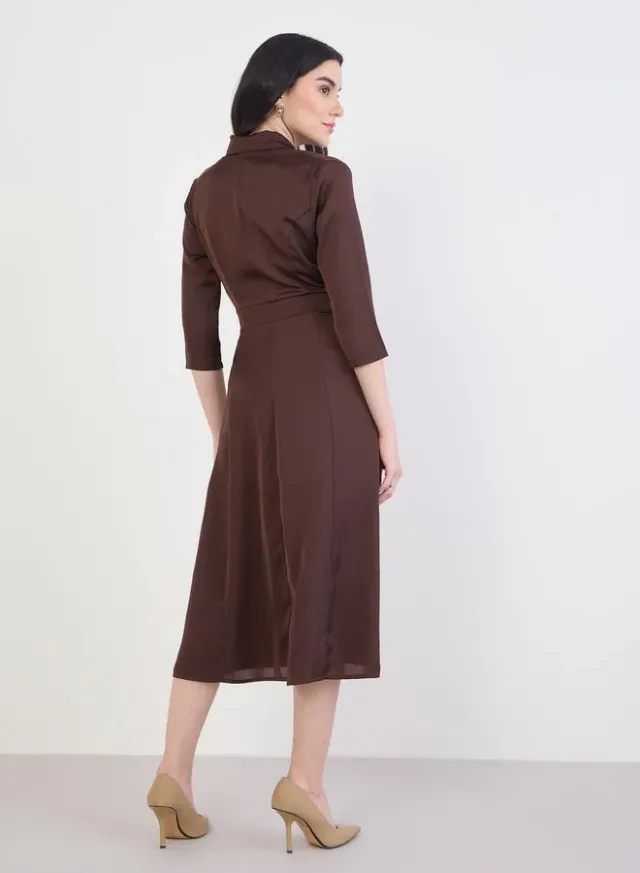 Women's 3/4 Sleeve A-Line Midi Dress chocolate brown – image 5