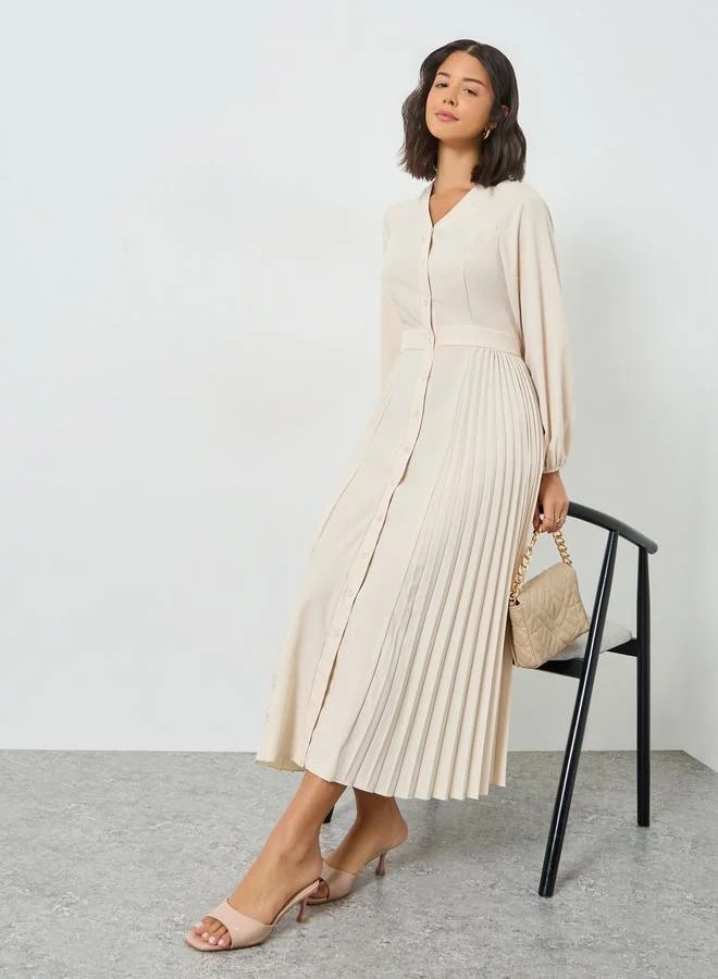 Pleated V Neck Midi Dress light beige