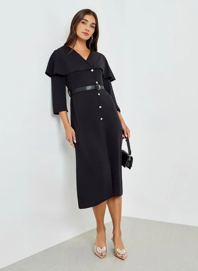 Women's V-Neck Cape Detail Midi Dress black