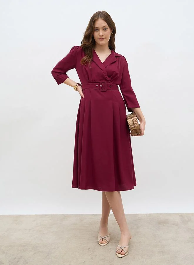 Solid Pleated A-Line Wrap Midi Dress burgundy