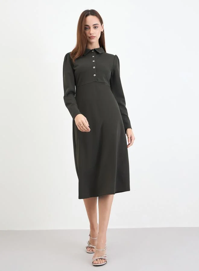 Long Sleeve A-Line Midi Dress dark green