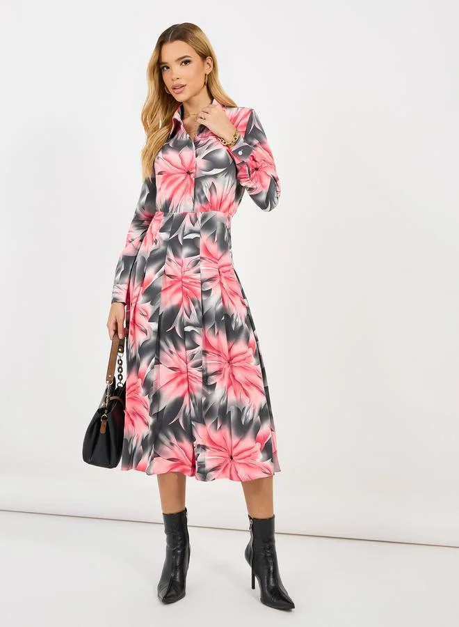 Floral Print Dress pink, grey and white