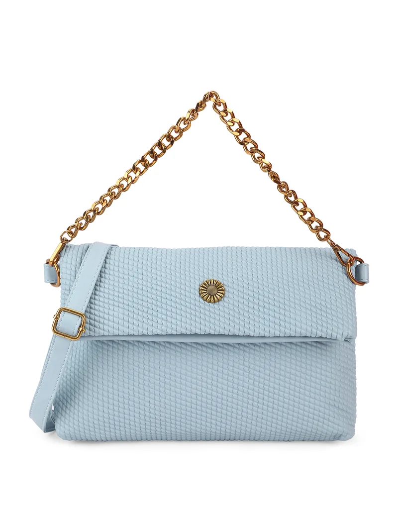 Textured Chain Handle Rectangular Party Shoulder Bag Detachable Strap blue