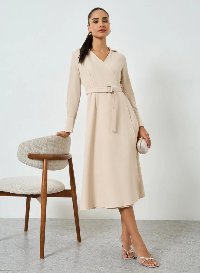 Long Sleeves Wrap Midi Dress beige
