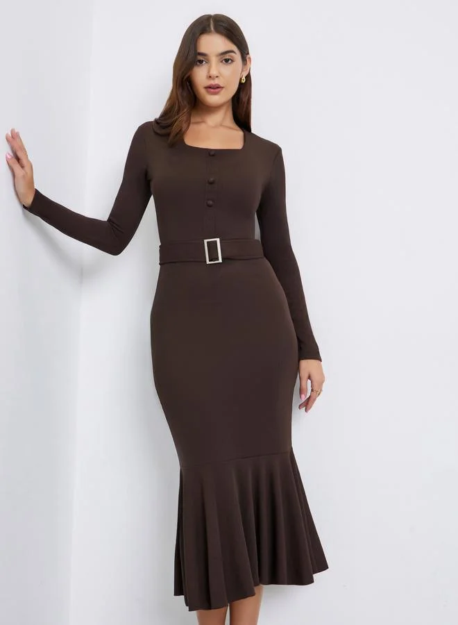 Mermaid Hem Belted Midi Dress dark brown