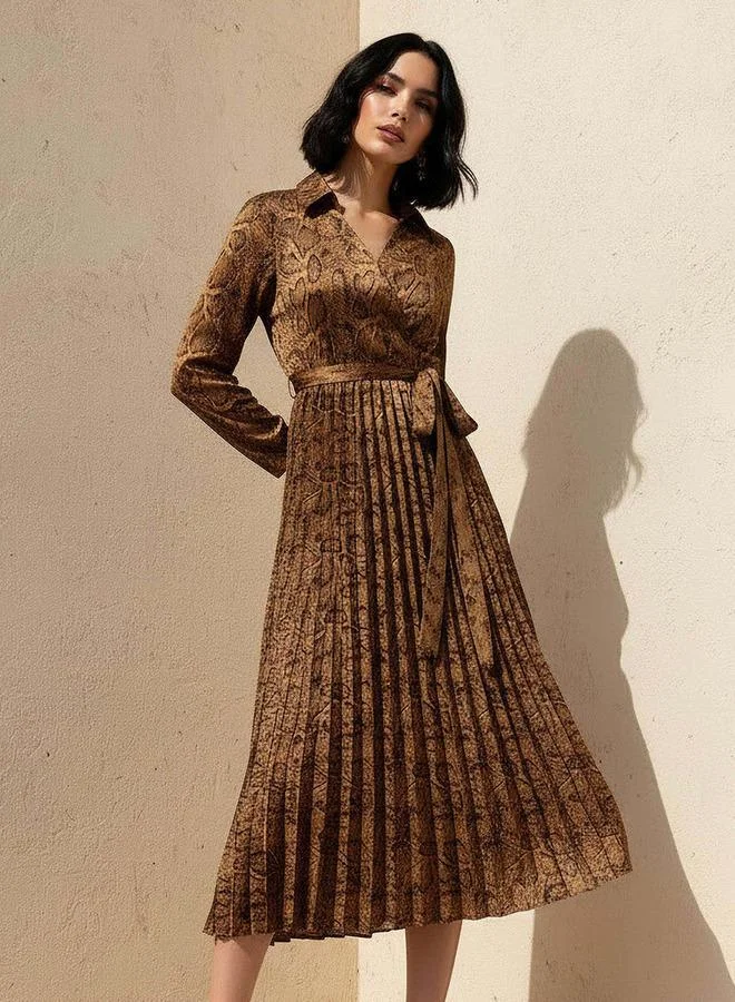 Midi Satin Wrap Dress tan snake print