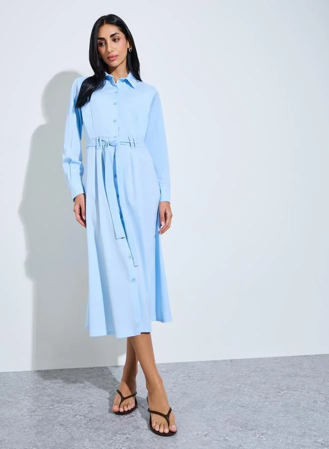 Long Sleeve Plain Shirt Midi Dress sky blue