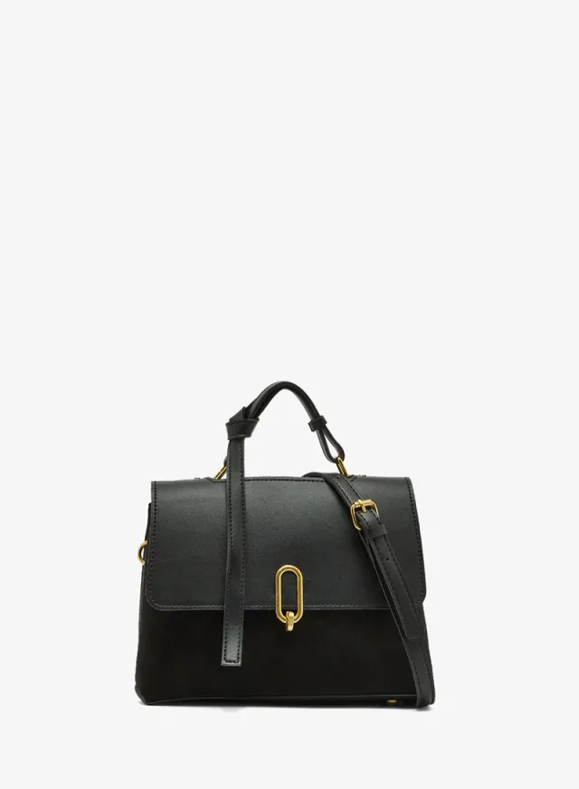 Suede East-To-West Bag Top Handle Gold Accent Black