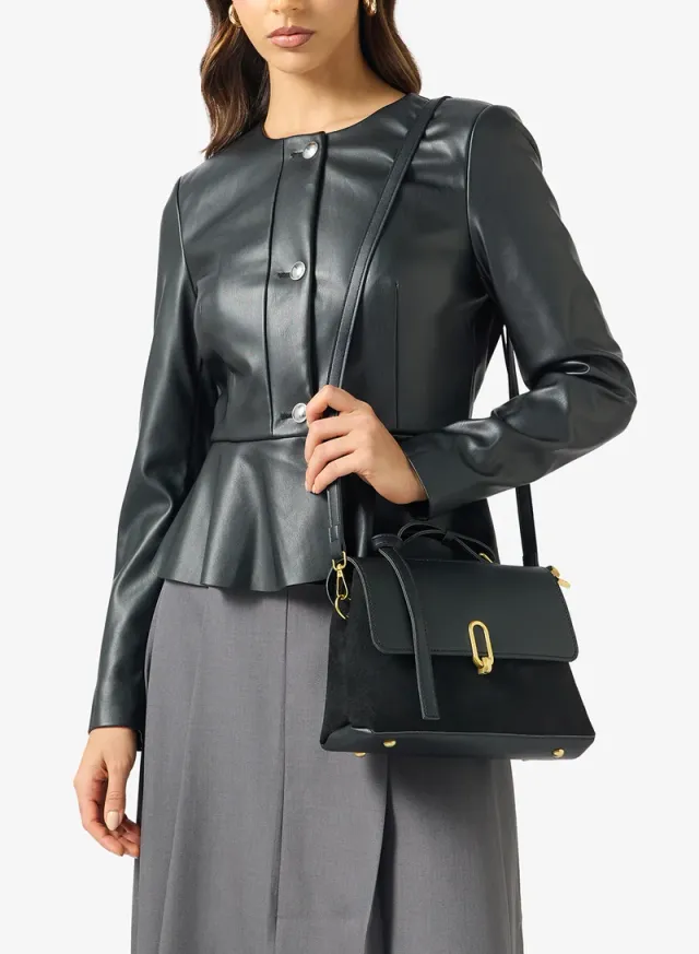 Suede East-To-West Bag Top Handle Gold Accent Black – image 6