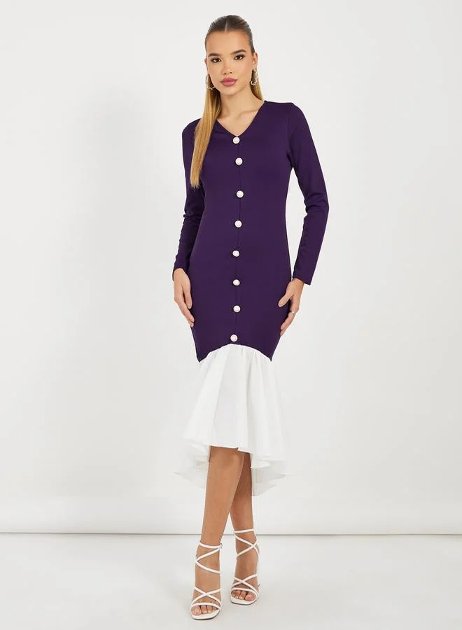 Button Front Long Sleeve Dress purple