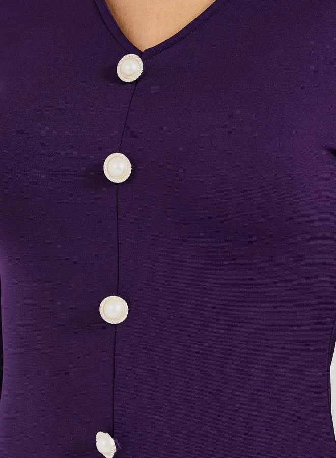 Button Front Long Sleeve Dress purple