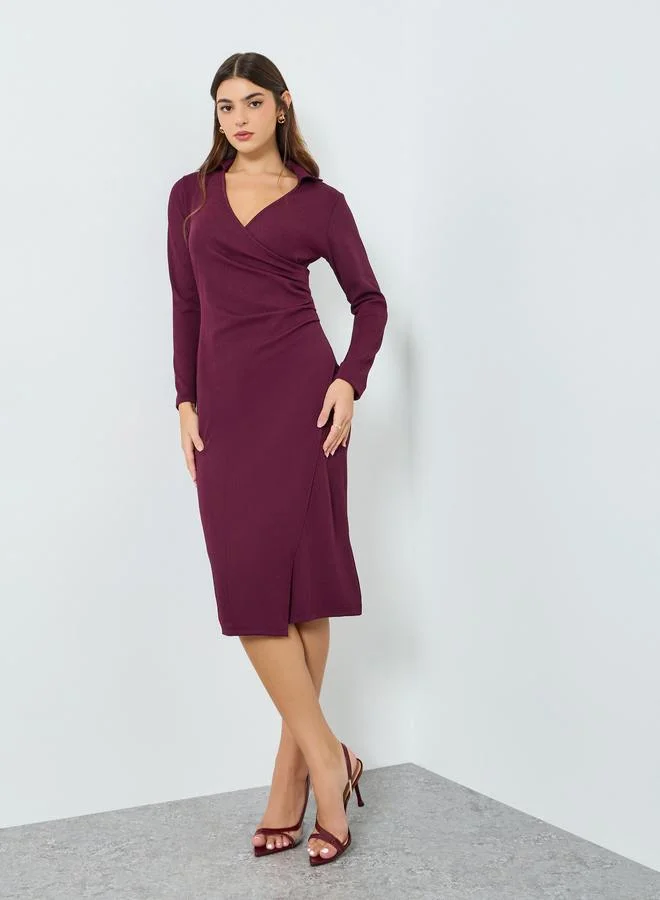 Women Ribbed Bodycon Midi Dress Burgundy