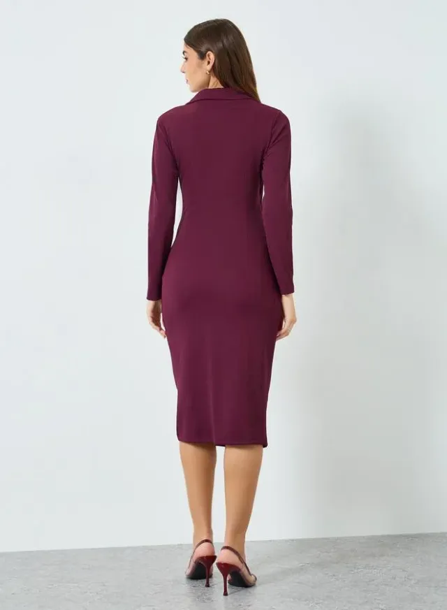 Women Ribbed Bodycon Midi Dress Burgundy – image 4