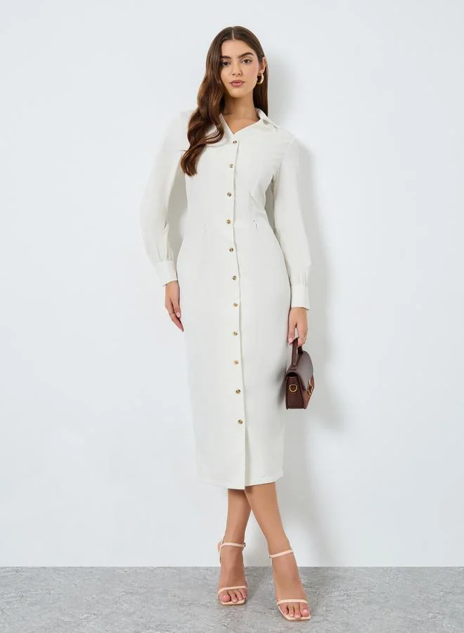 Solid Midi Shirt Dress Beige