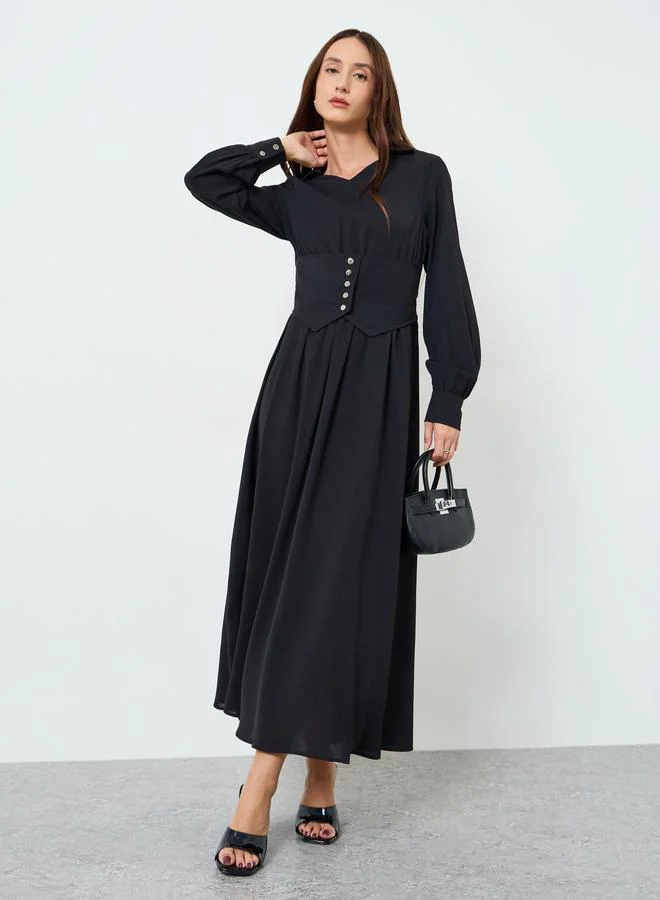 Women Button Front Corset Detail Maxi Dress black