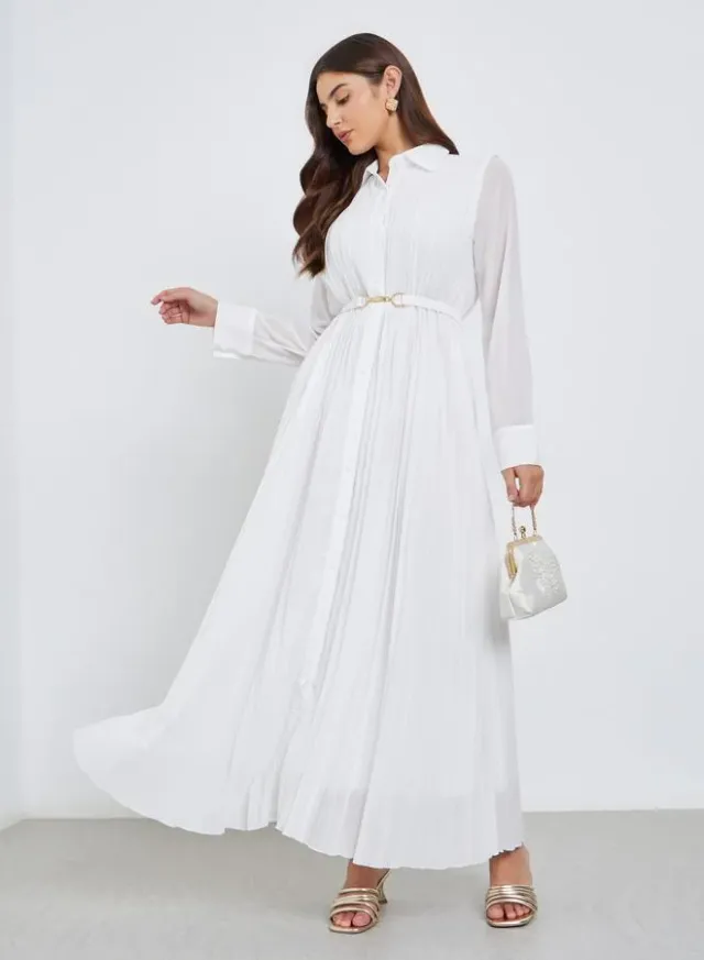 Styli Pleated Belted Shirt Maxi Dress white – image 4