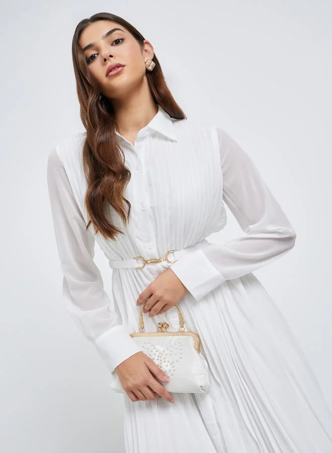 Styli Pleated Belted Shirt Maxi Dress white