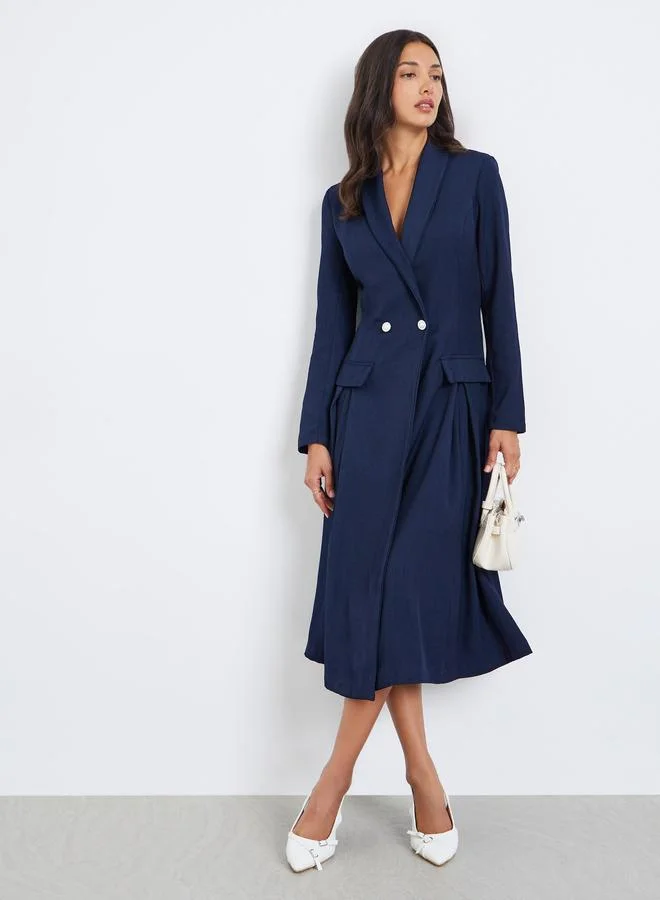 Women Long Sleeve Blazer Midi Dress Navy Blue