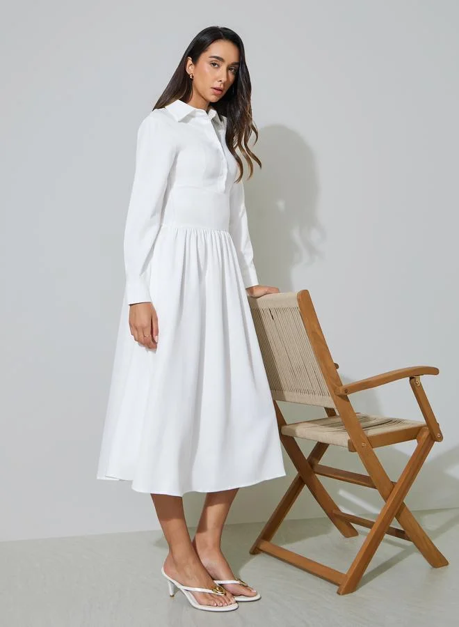 Long Sleeve Shirt Midi Dress white